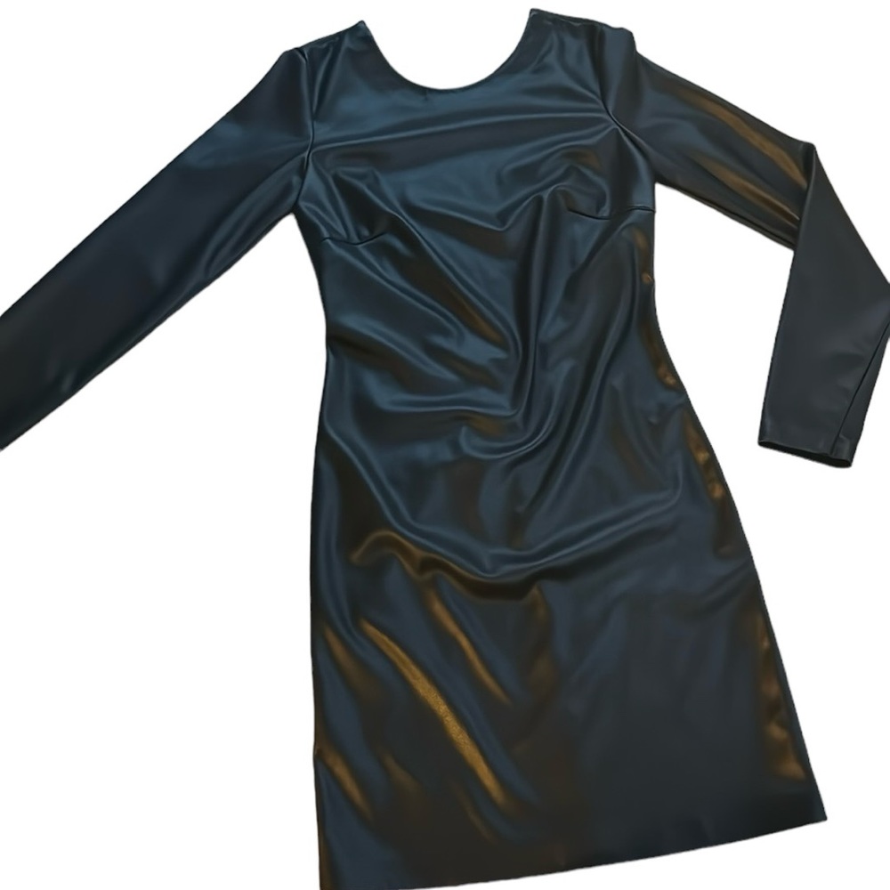 Aqua Long sleeve black little dress faux leather cut out back short dress